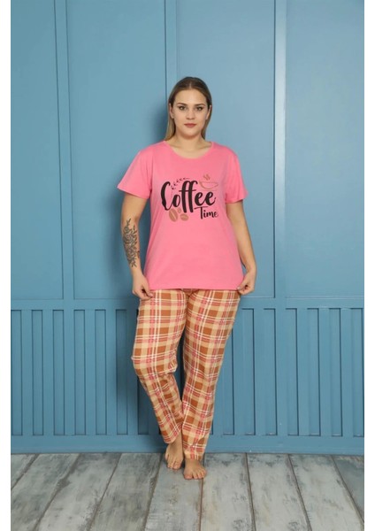 Kadın %100 Pamuk Kısa Kol Büyük Beden Pijama Takım Pembe fiyatları
