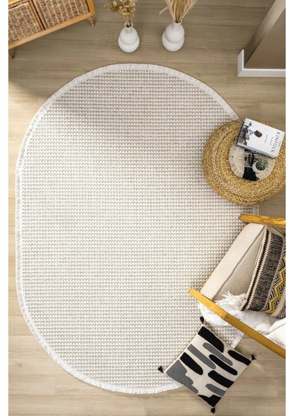 Oval Beyaz Bej Halı Modern Oturma Odası Salon Mutfak Koridor Antre Balkon Çocuk Odası Halısı 006