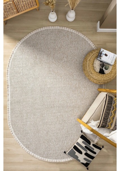 Bej Oval Dokuma Halı Salon Oturma Odası Yatak Odası Koridor Yolluk Halısı Bej Oval