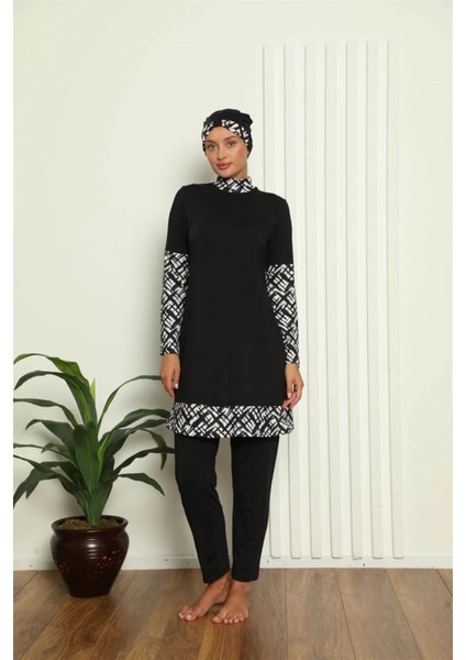 Tam Tesettür Dijital Desenli Mayo Siyah