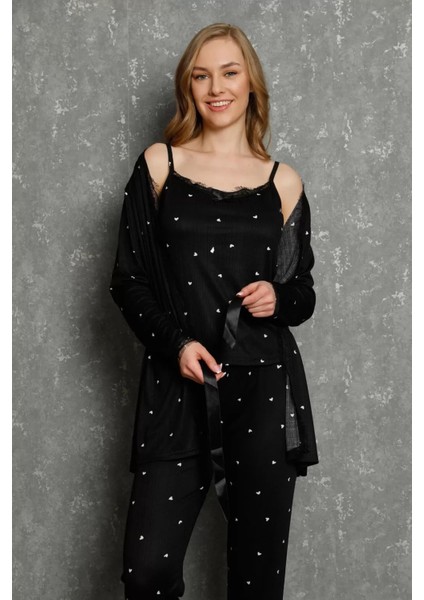 Kadın 3'lü Sabahlık Pijama Takım Siyah