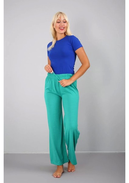 Bayan Penye Bol Paça Pantolon Yeşil