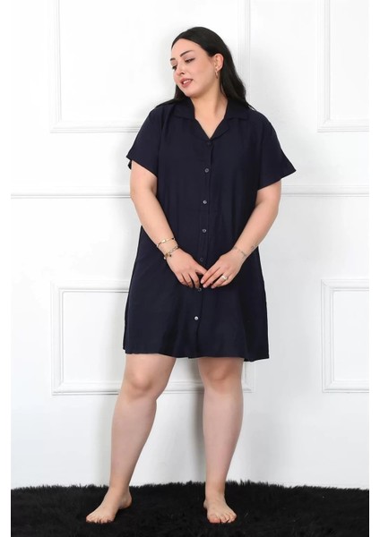 Büyük Beden Dokuma Düğmeli Lacivert Tunik Gecelik