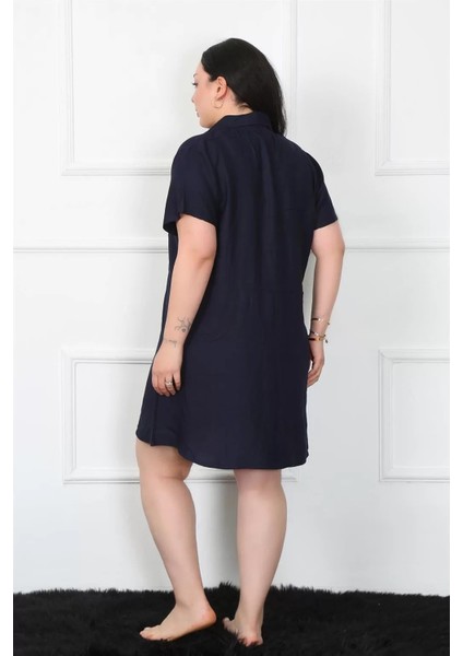 Büyük Beden Dokuma Düğmeli Lacivert Tunik Gecelik fırsatları