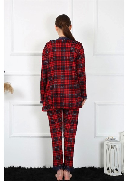 Kadın 3'lü Ekoseli Sabahlık Takım Kırmızı indirimleri