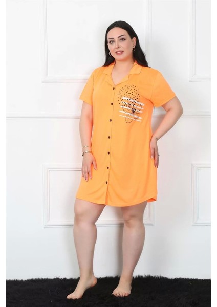Büyük Beden Penye Düğmeli Turuncu Tunik Gecelik modelleri