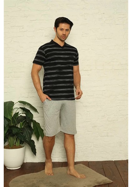 Erkek Siyah V Yaka 3'lü Pijama Takım