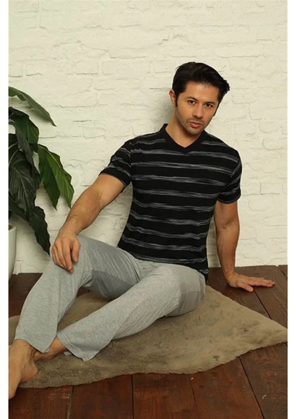 Erkek Siyah V Yaka 3'lü Pijama Takım modelleri