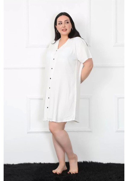 Büyük Beden Dokuma Düğmeli Beyaz Tunik Gecelik modelleri