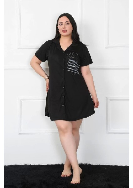 Büyük Beden Penye Düğmeli Siyah Tunik Gecelik