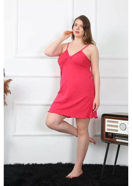 Kadın Pamuklu Fuşya Ip Askılı Büyük Beden Gecelik