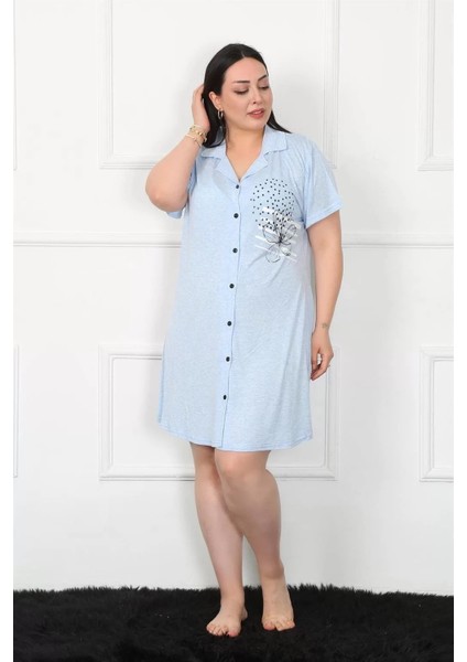 Büyük Beden Penye Düğmeli Mavi Tunik Gecelik fiyatları