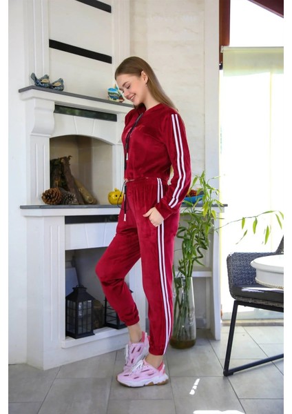 Kadın Kadife Kapşonlu Eşofman Takım Bordo indirimleri