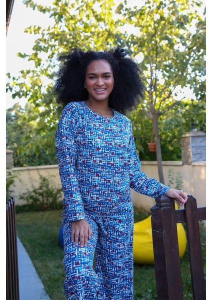 Kadın Penye Bol Paça Pijama Takım Mavi fiyatları