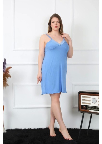 Kadın Pamuklu Mavi Ip Askılı Büyük Beden Gecelik indirimleri