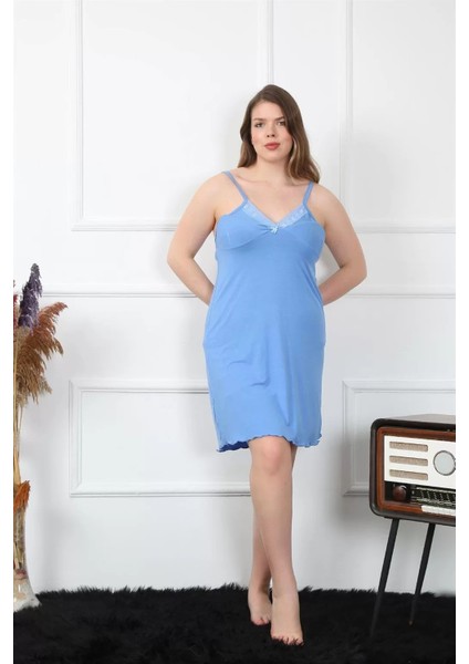 Kadın Pamuklu Mavi Ip Askılı Büyük Beden Gecelik