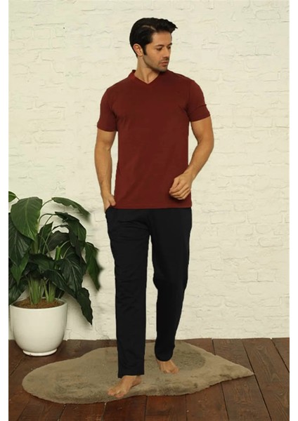 Erkek Bordo V Yaka 3'lü Pijama Takım