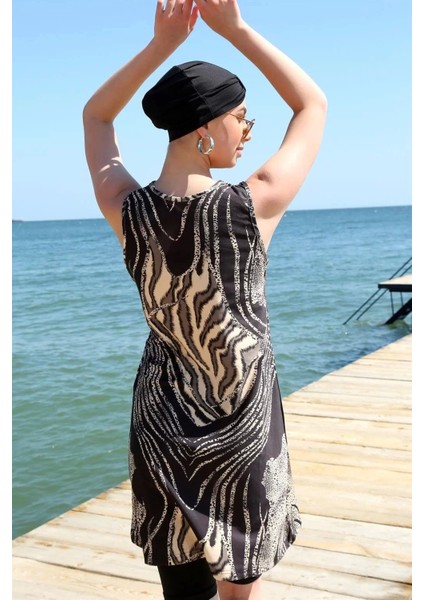 Sıfır Kol Leopar Yarım Tesettür Mayo Siyah indirimleri