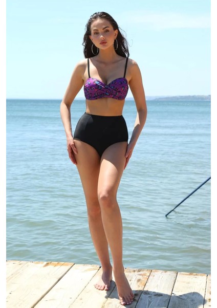 Kadın Yüksel Bel Straplez Mor Bikini