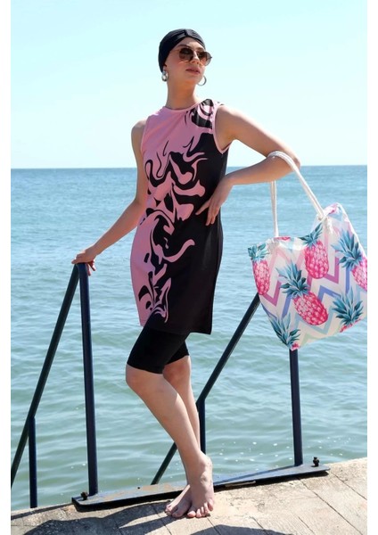 Sıfır Kol Desenli Yarım Tesettür Mayo Mor