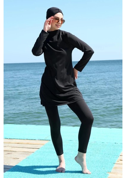 Uzun Kol Likralı Siyah Tesettür Mayo