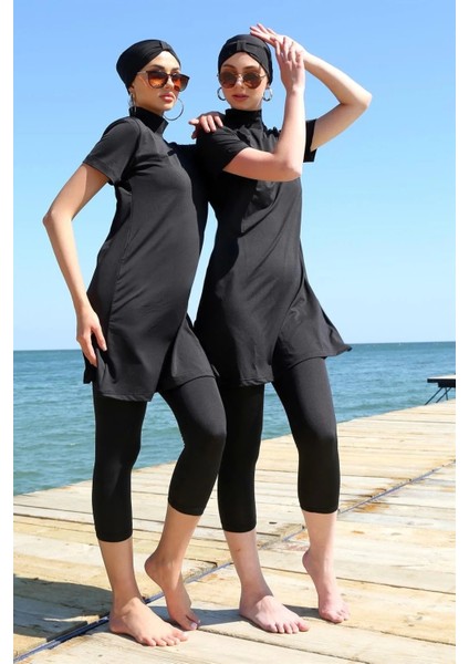 Kısa Kol Siyah Yarım Tesettür Mayo indirimleri