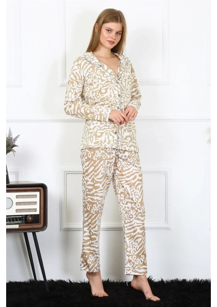 Kadın Penye Uzun Kol Önden Düğmeli Pijama Takım Sütlü Kahve