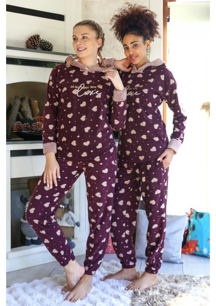 Polar Kadın Kapşonlu Pijama Takımı Bordo