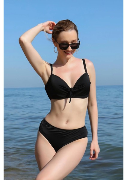 Kadın Içi Boş Fiyonklu Kaplı Siyah Alt Üst Bikini Takım