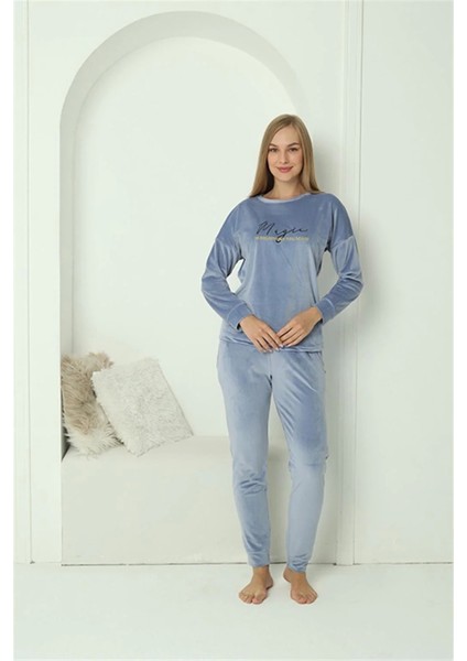 Kadın Kadife Mavi Pijama Takım