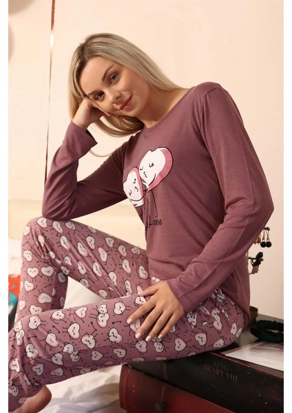 Kadın Penye Uzun Kol Pijama Takım Mürdüm modelleri