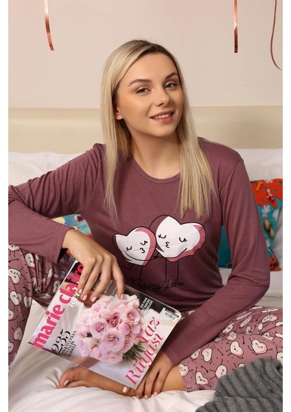 Kadın Penye Uzun Kol Pijama Takım Mürdüm