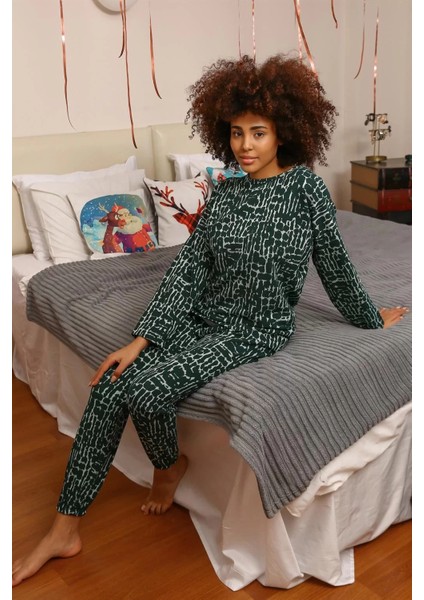 Kadın Uzun Kol 3 Iplik Penye Pijama Takım Yeşil
