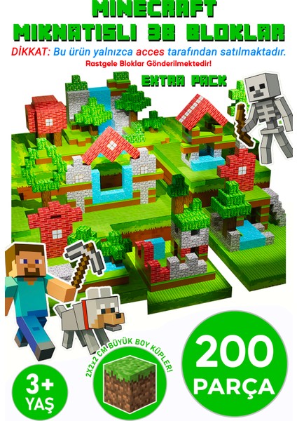 Minecraft Tarzı Manyetik Küpler - 200 Parça Eğitici Blok Oyuncak 3+ Yaş Zeka Geliştirici Oyuncak Seti