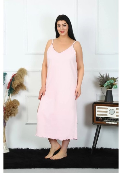 Kadın Büyük Beden Ip Askılı Pamuklu Pembe Uzun Gecelik