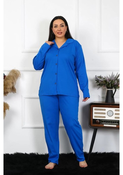 Kadın Büyük Beden Pamuklu Cepli Düğmeli Saks Pijama Takım