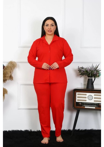 Kadın Büyük Beden Pamuklu Cepli Düğmeli Kırmızı Pijama Takım
