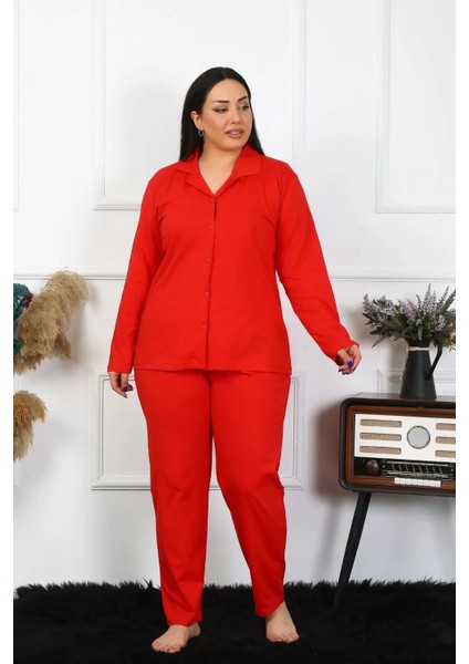 Kadın Büyük Beden Pamuklu Cepli Düğmeli Kırmızı Pijama Takım fiyatları