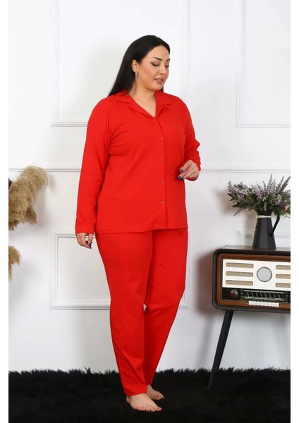 Kadın Büyük Beden Pamuklu Cepli Düğmeli Kırmızı Pijama Takım fırsatları