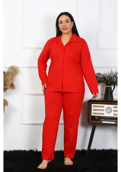 Kadın Büyük Beden Pamuklu Cepli Düğmeli Kırmızı Pijama Takım