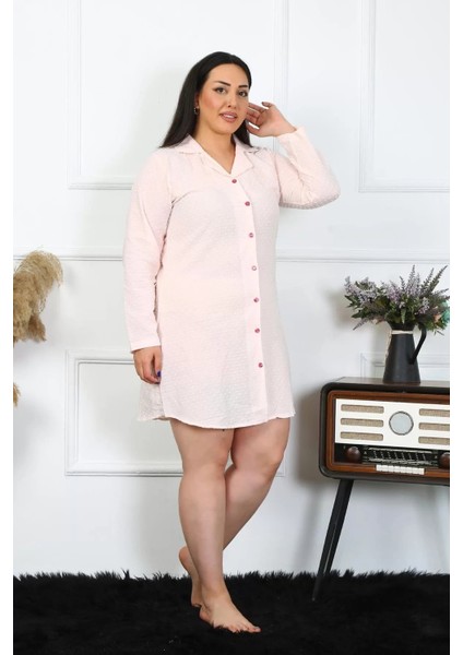 Kadın Büyük Beden Pamuk Dokuma Düğmeli Uzun Kol Pembe Tunik Gecelik fiyatları