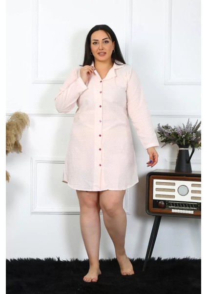 Kadın Büyük Beden Pamuk Dokuma Düğmeli Uzun Kol Pembe Tunik Gecelik fırsatları