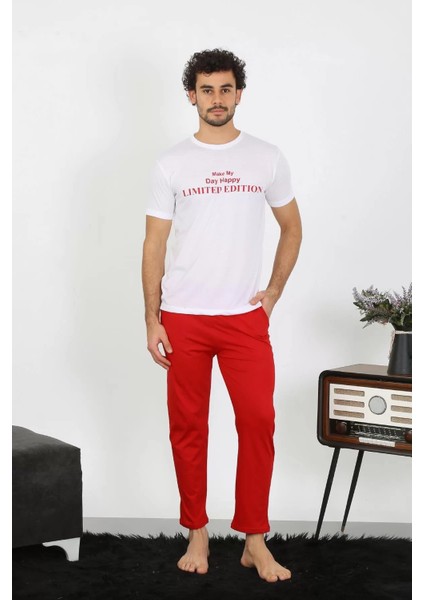 Erkek Kısa Kol Penye Beyaz Pijama Takımı