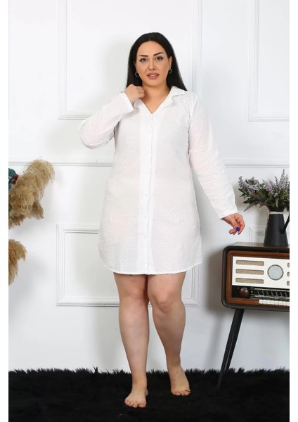 Kadın Büyük Beden Pamuk Dokuma Düğmeli Uzun Kol Ekru Tunik Gecelik