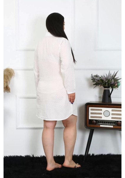 Kadın Büyük Beden Pamuk Dokuma Düğmeli Uzun Kol Ekru Tunik Gecelik modelleri