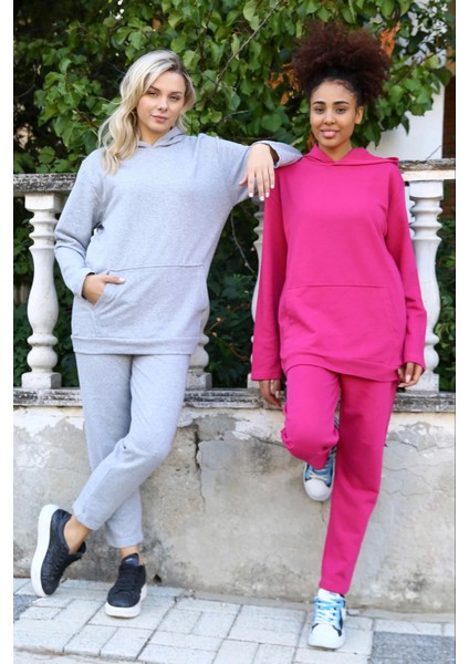 Kadın Pamuk Kapşonlu Cepli 3 Iplik Gri Eşofman Takım indirimleri