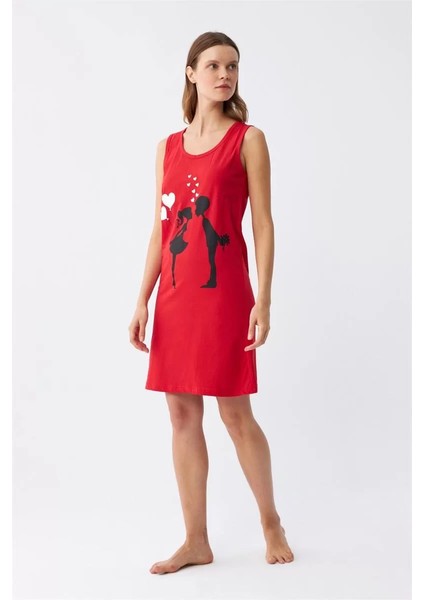 Kadın Kalın Askılı Penye Diz Üstü Kırmızı Gecelik modelleri