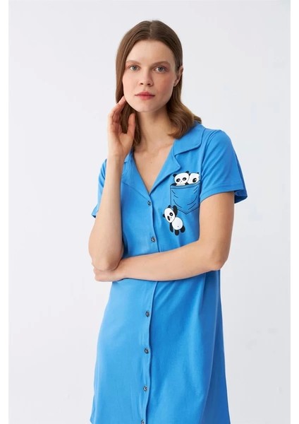 Kadın Pamuk Penye Kısa Kol Düğmeli Mavi Tunik Gecelik modelleri