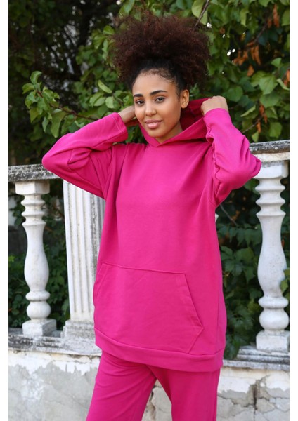 Kadın Pamuk Kapşonlu Cepli 3 Iplik Fuşya Eşofman Takım modelleri