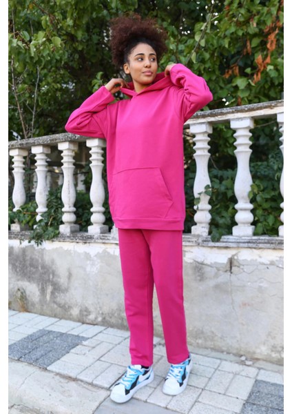 Kadın Pamuk Kapşonlu Cepli 3 Iplik Fuşya Eşofman Takım indirimleri